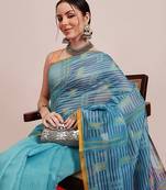 Teal printed cotton blend ethnic saree with blouse piece