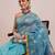 Teal printed cotton blend ethnic saree with blouse piece