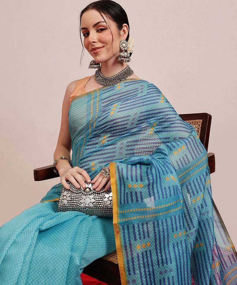 Teal printed cotton blend ethnic saree with blouse piece