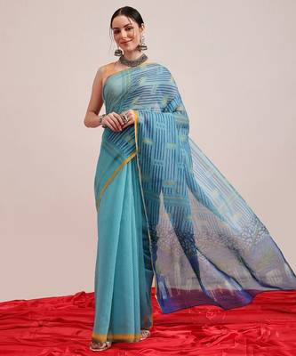 Teal printed cotton blend ethnic saree with blouse piece 2