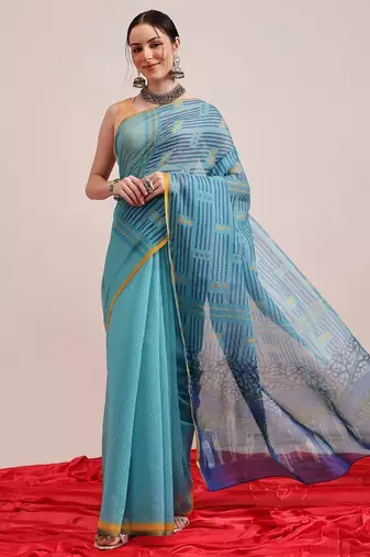 Teal printed cotton blend ethnic saree with blouse piece