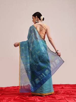 Teal printed cotton blend ethnic saree with blouse piece 3