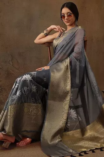 Grey printed silk blend ethnic saree with blouse piece