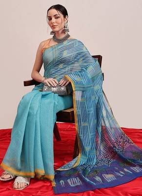 Teal printed cotton blend ethnic saree with blouse piece 4