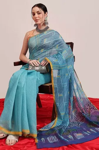 Teal printed cotton blend ethnic saree with blouse piece