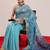 Teal printed cotton blend ethnic saree with blouse piece