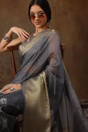 Grey printed silk blend ethnic saree with blouse piece