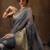 Grey printed silk blend ethnic saree with blouse piece