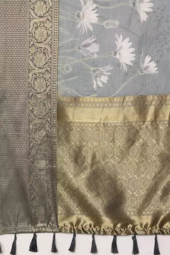 Grey printed silk blend ethnic saree with blouse piece
