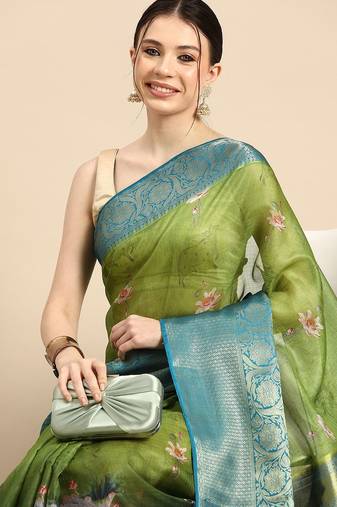 Olive printed silk blend ethnic saree with blouse piece