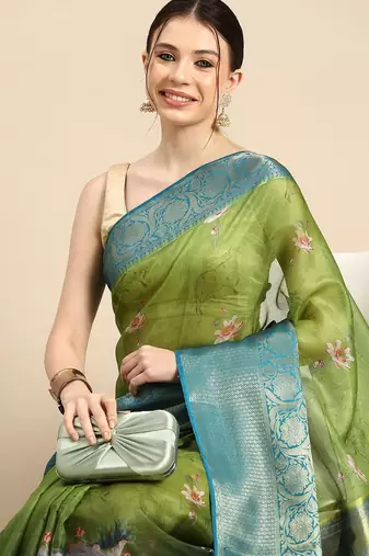 Olive printed silk blend ethnic saree with blouse piece