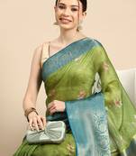 Olive printed silk blend ethnic saree with blouse piece