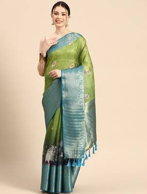Olive printed silk blend ethnic saree with blouse piece 2
