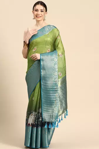 Olive printed silk blend ethnic saree with blouse piece
