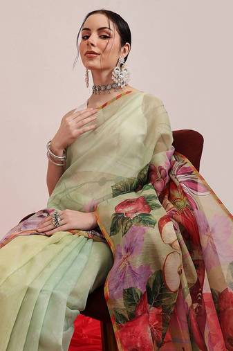 Olive printed cotton blend ethnic saree with blouse piece