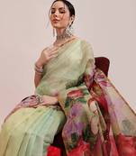Olive printed cotton blend ethnic saree with blouse piece