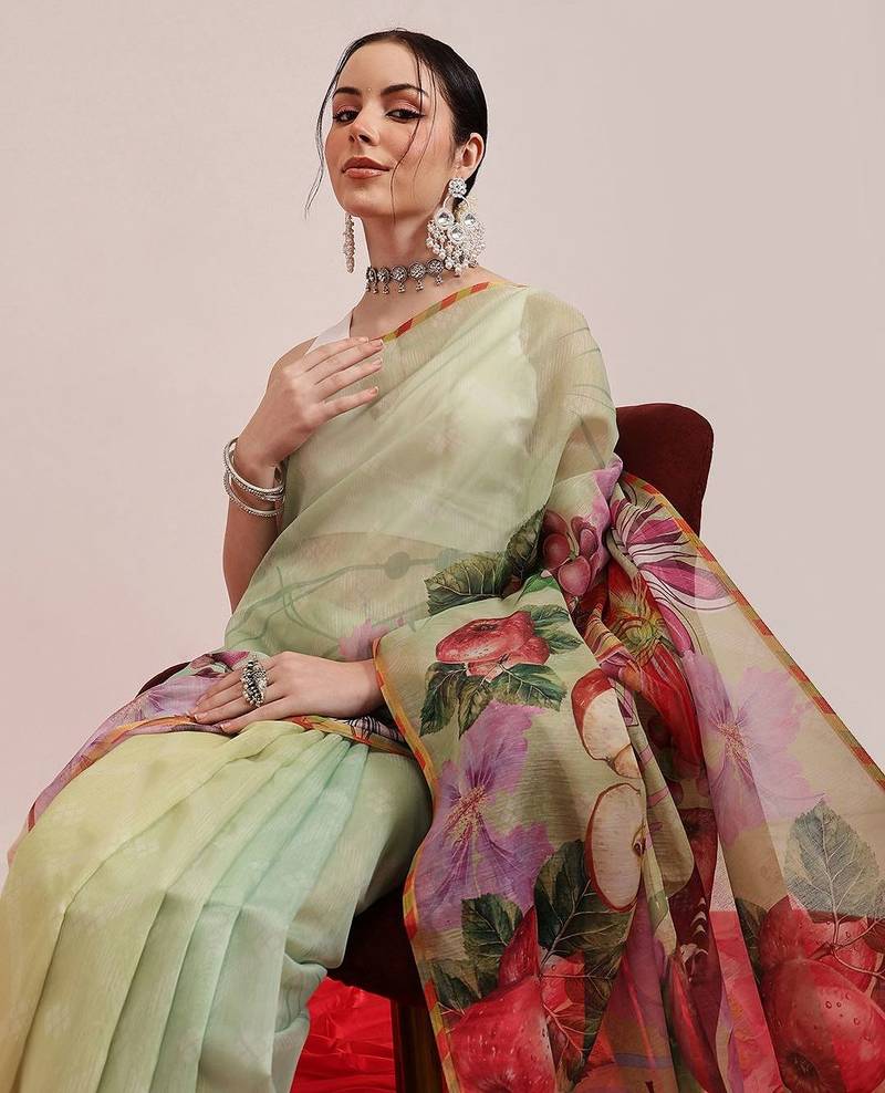 Olive printed cotton blend ethnic saree with blouse piece
