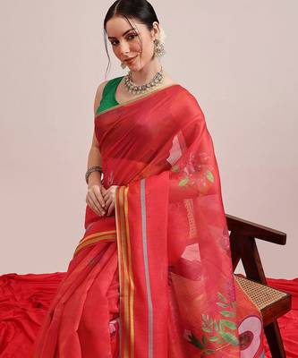 Red printed cotton blend ethnic saree with blouse piece 1
