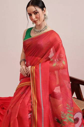 Red printed cotton blend ethnic saree with blouse piece