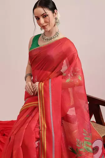 Red printed cotton blend ethnic saree with blouse piece