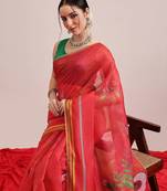 Red printed cotton blend ethnic saree with blouse piece