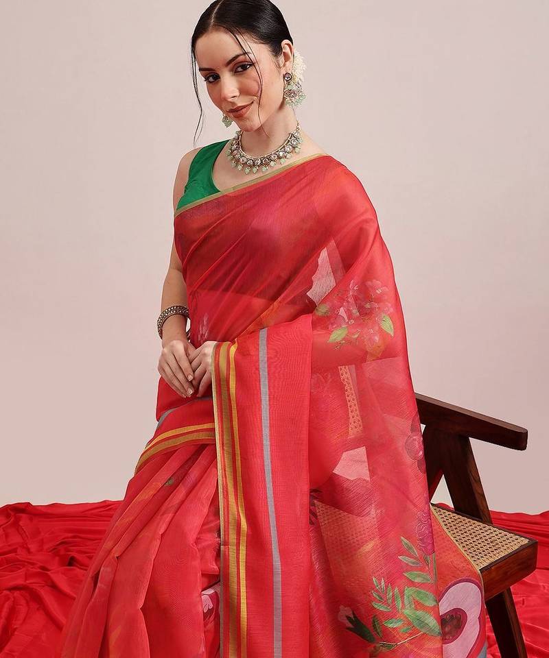 Red printed cotton blend ethnic saree with blouse piece