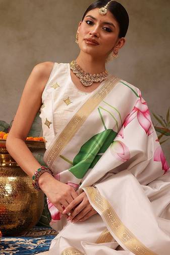 white printed silk saree with unstitched blouse