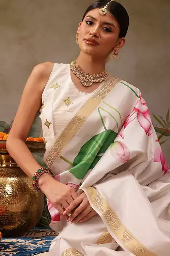 White printed silk blend ethnic saree with blouse piece