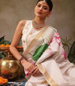 White printed silk blend ethnic saree with blouse piece
