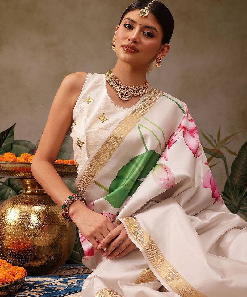 White printed silk blend ethnic saree with blouse piece