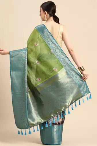 Olive printed silk blend ethnic saree with blouse piece