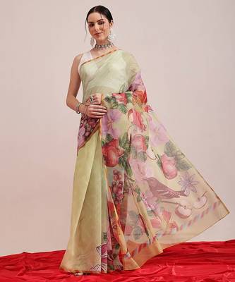 Olive printed cotton blend ethnic saree with blouse piece 2