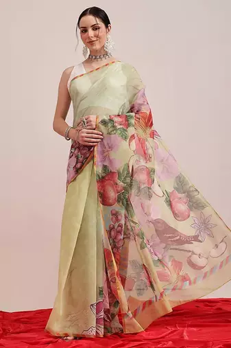 Olive printed cotton blend ethnic saree with blouse piece