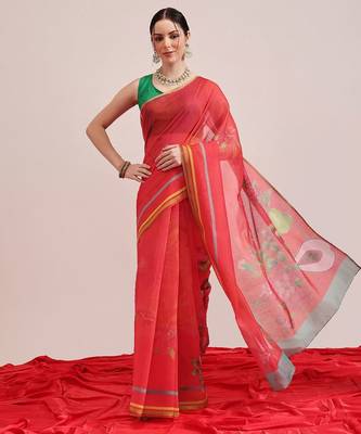 Red printed cotton blend ethnic saree with blouse piece 2