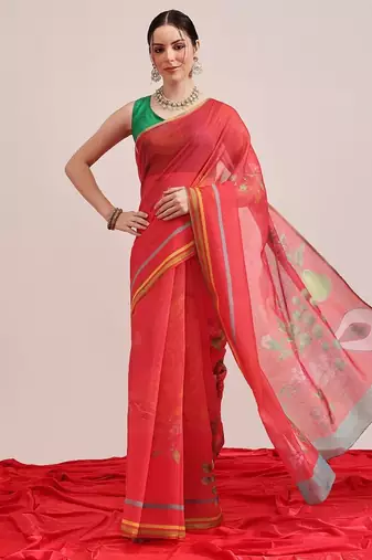 Red printed cotton blend ethnic saree with blouse piece