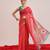 Red printed cotton blend ethnic saree with blouse piece