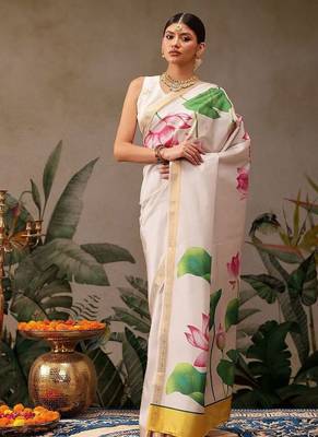 White printed silk blend ethnic saree with blouse piece 2