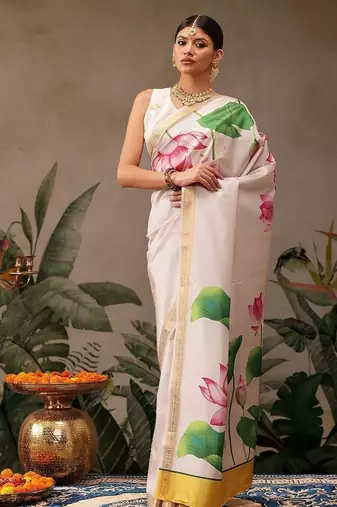 White printed silk blend ethnic saree with blouse piece