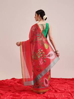 Red printed cotton blend ethnic saree with blouse piece 3