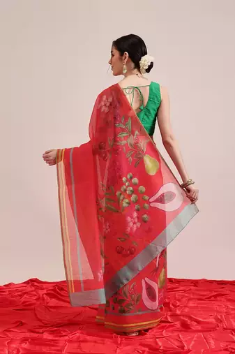 Red printed cotton blend ethnic saree with blouse piece