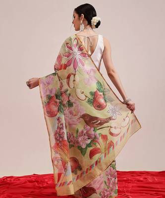 Olive printed cotton blend ethnic saree with blouse piece 3