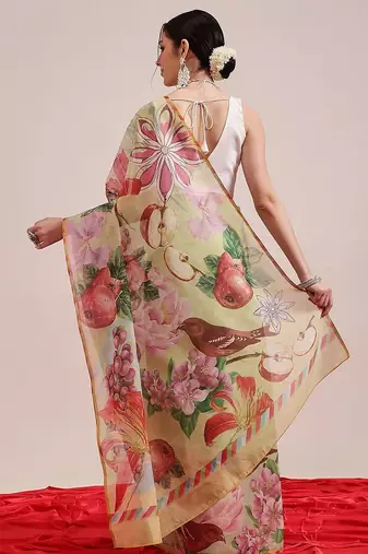 Olive printed cotton blend ethnic saree with blouse piece
