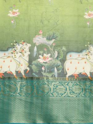 Olive printed silk blend ethnic saree with blouse piece 4