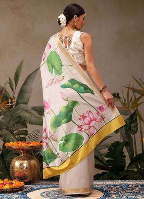 White printed silk blend ethnic saree with blouse piece 3
