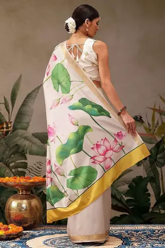 White printed silk blend ethnic saree with blouse piece