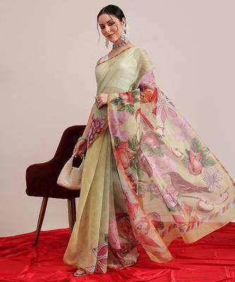 Olive printed cotton blend ethnic saree with blouse piece 4