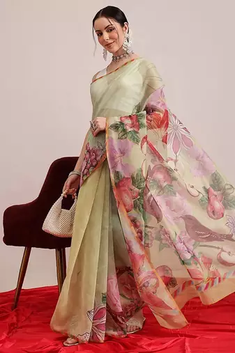 Olive printed cotton blend ethnic saree with blouse piece