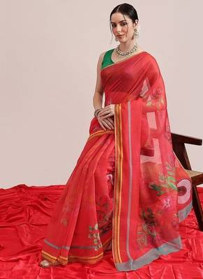 Red printed cotton blend ethnic saree with blouse piece 4