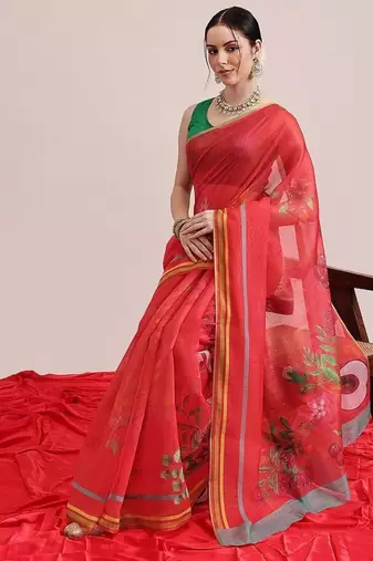 Red printed cotton blend ethnic saree with blouse piece