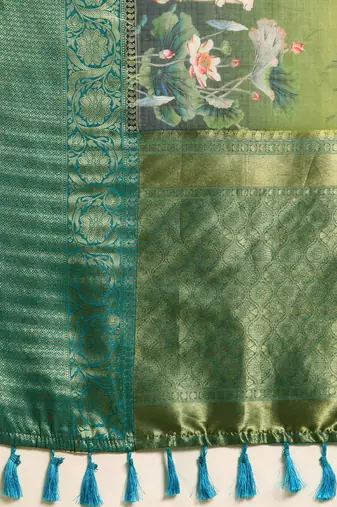 Olive printed silk blend ethnic saree with blouse piece